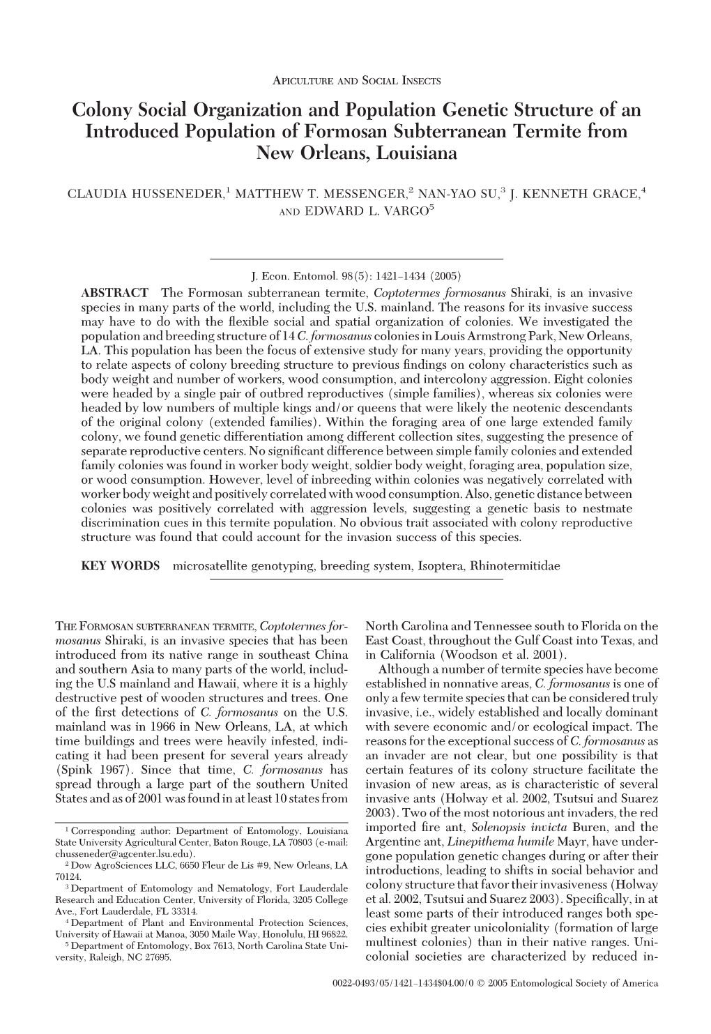 Colony Social Organization and Population Genetic Structure of an Introduced Population of Formosan Subterranean Termite from New Orleans, Louisiana