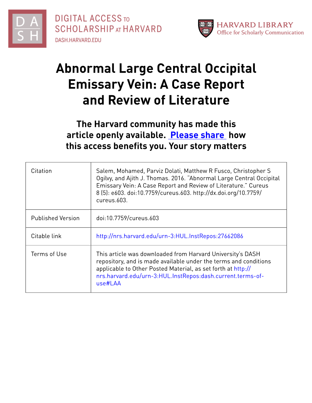 Abnormal Large Central Occipital Emissary Vein: a Case Report and Review of Literature