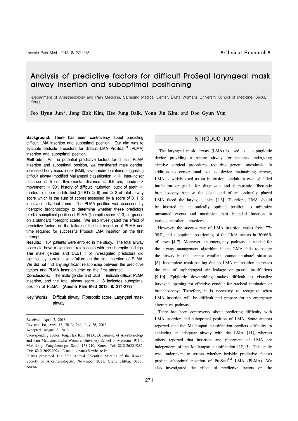 Analysis of Predictive Factors for Difficult Proseal Laryngeal Mask Airway Insertion and Suboptimal Positioning