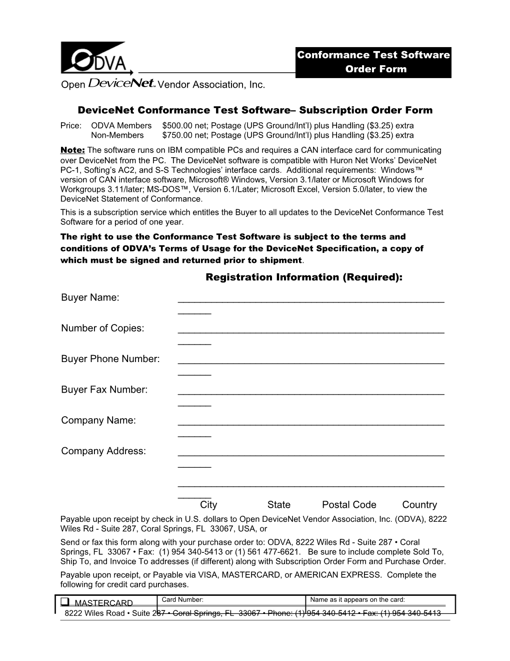 Devicenet Conformance Test Software Subscription Order Form