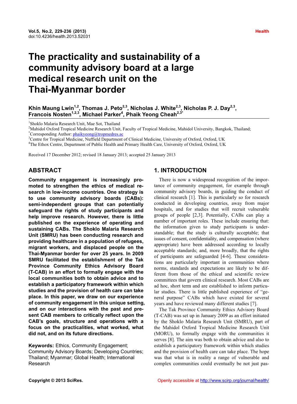 The Practicality and Sustainability of a Community Advisory Board at a Large Medical Research Unit on the Thai-Myanmar Border