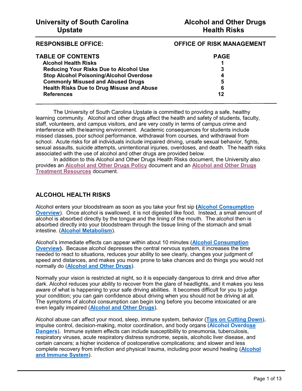 University of South Carolina Alcohol and Other Drugs Upstate Health Risks