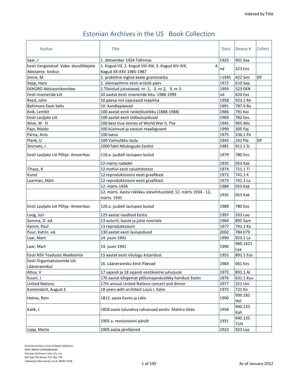 As of January 2012 Estonian Archives in the US--Book Collection3.Xlsx