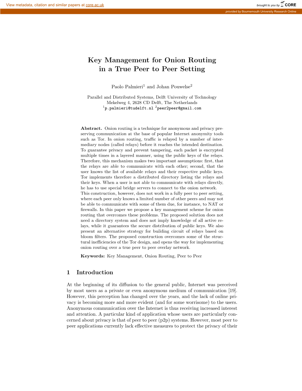 Key Management for Onion Routing in a True Peer to Peer Setting