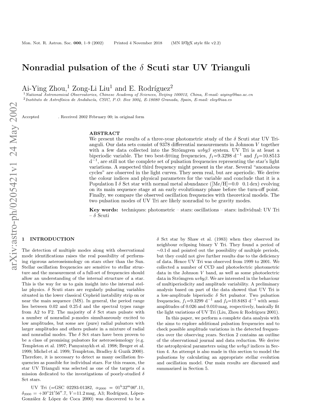 Nonradial Pulsation of the Δ Scuti Star UV Trianguli 3