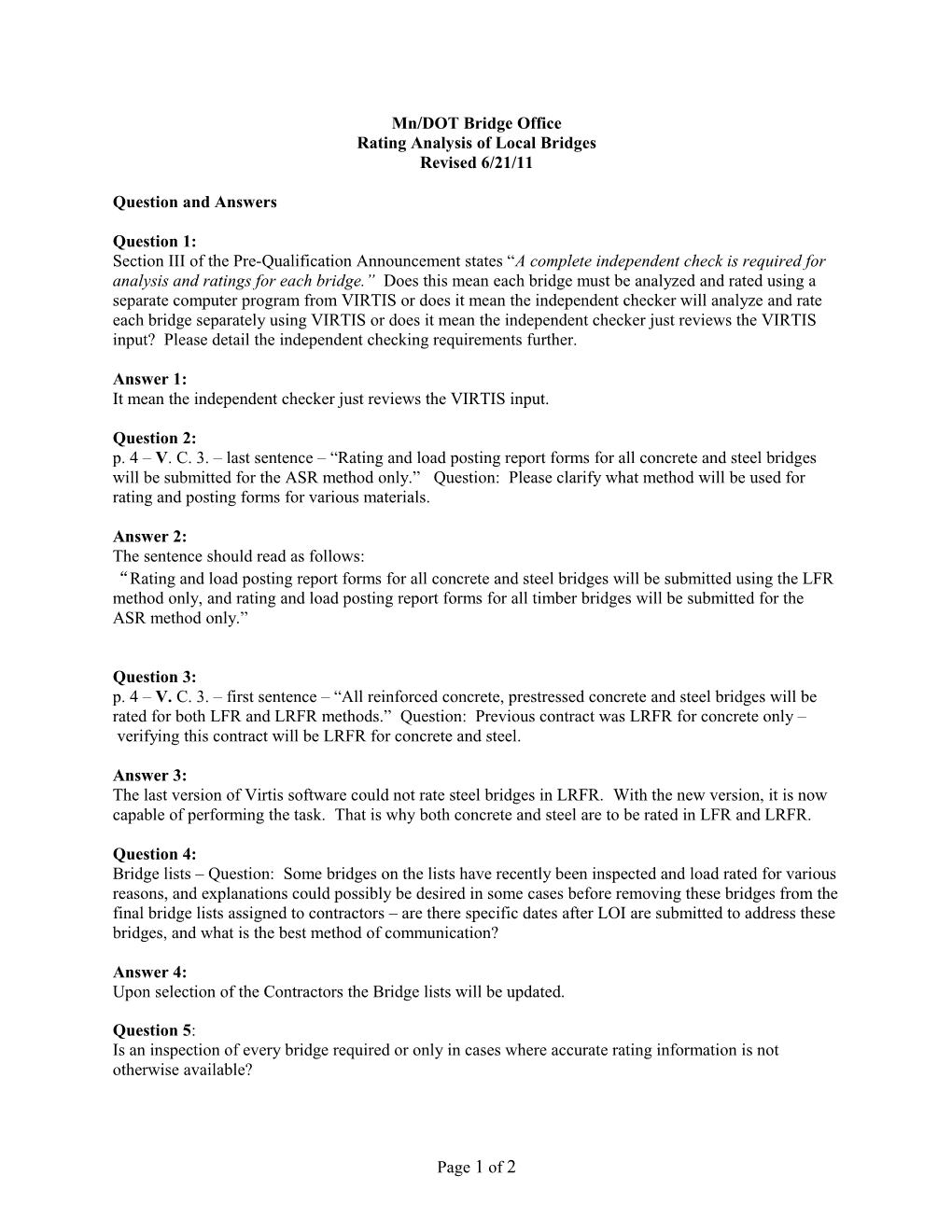 Rating Analysis of Local Bridges