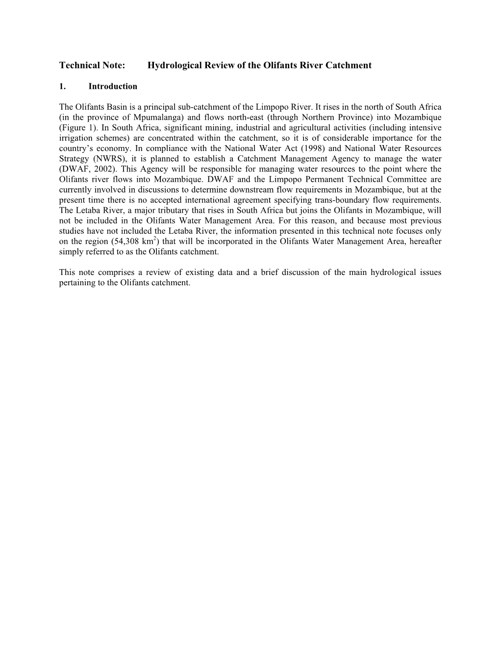 Technical Note: Hydrological Review of the Olifants River Catchment