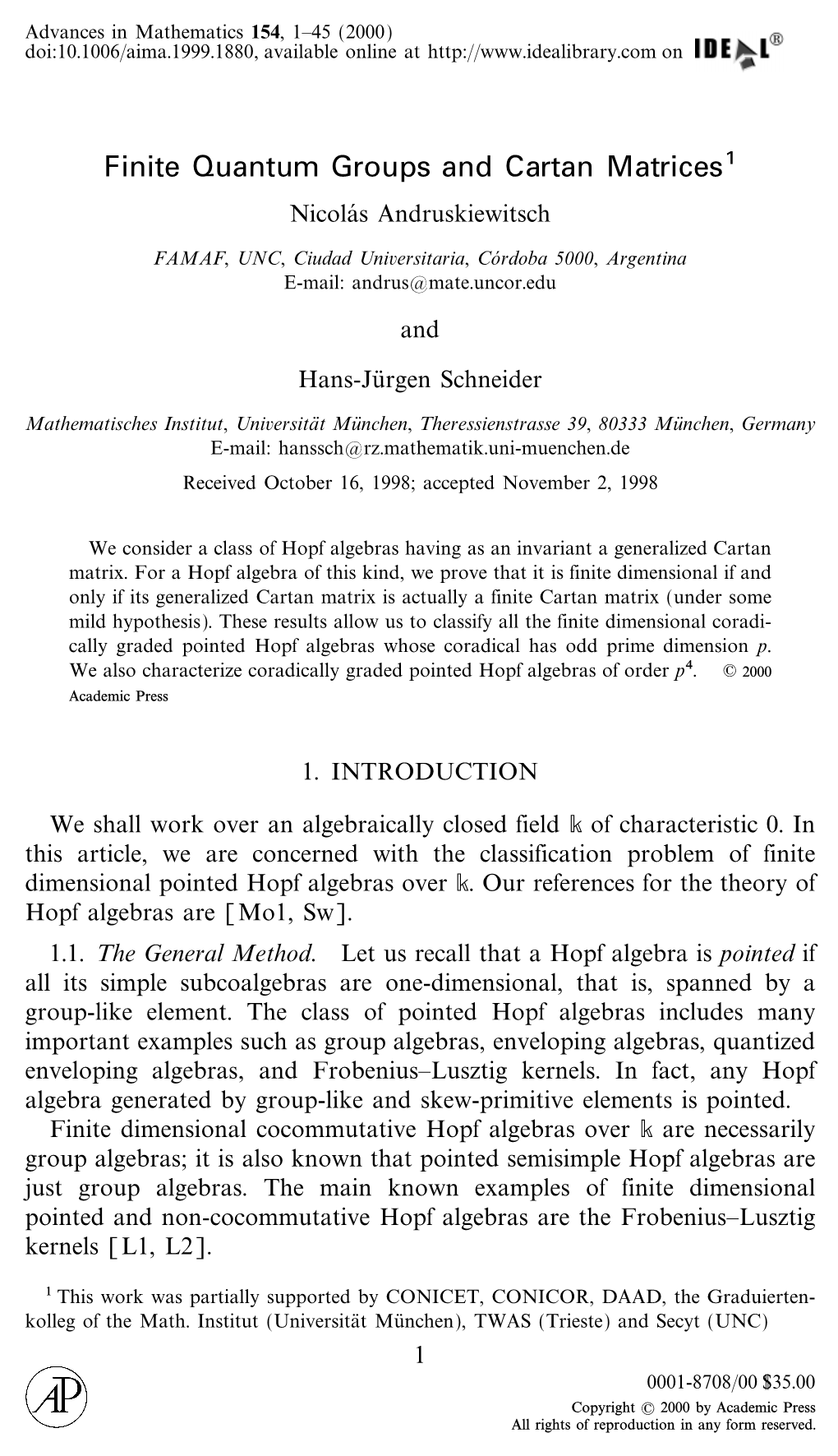 Finite Quantum Groups and Cartan Matrices1 NicolaS Andruskiewitsch