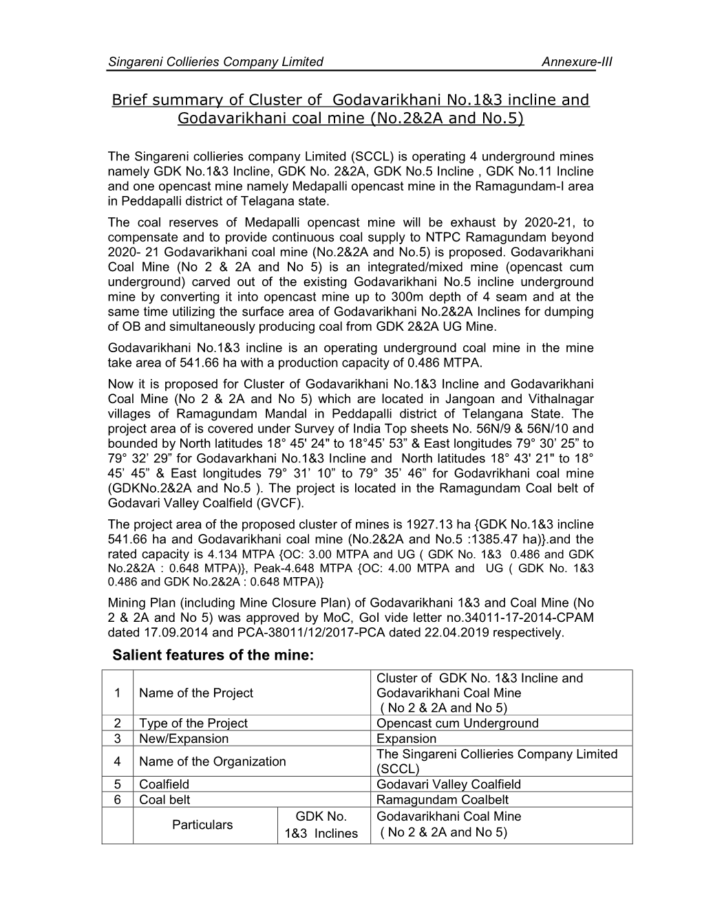 Brief Summary of Cluster of Godavarikhani No.1&3 Incline And