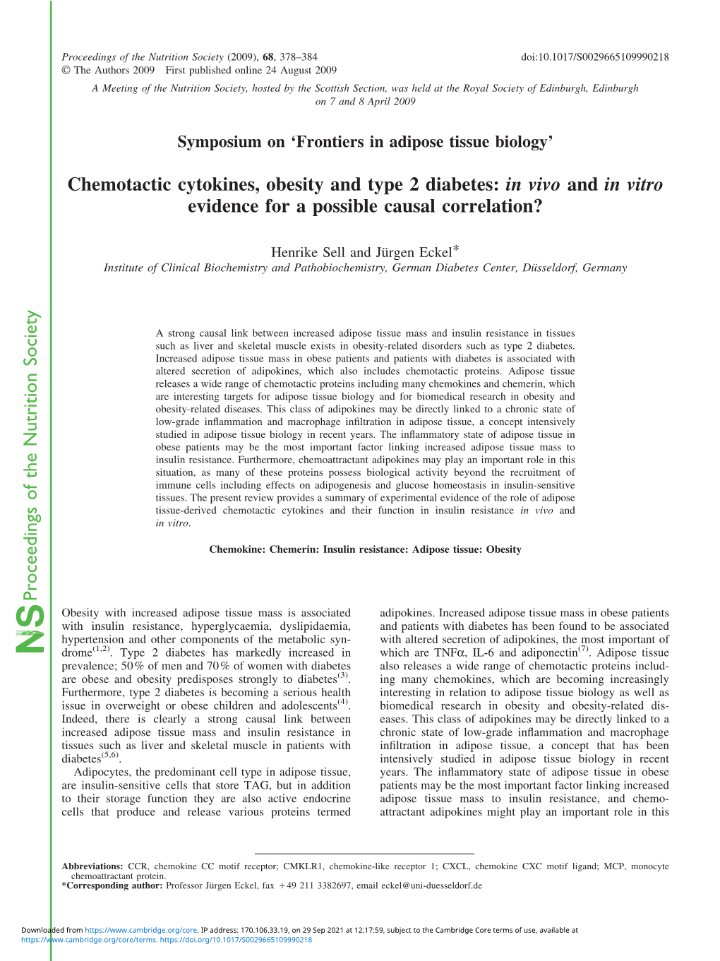 Chemotactic Cytokines, Obesity and Type 2 Diabetes: in Vivo and in Vitro