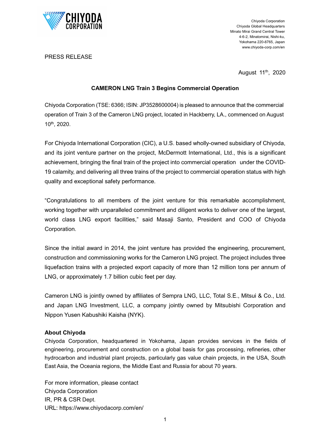 PRESS RELEASE August 11Th, 2020 CAMERON LNG Train 3 Begins