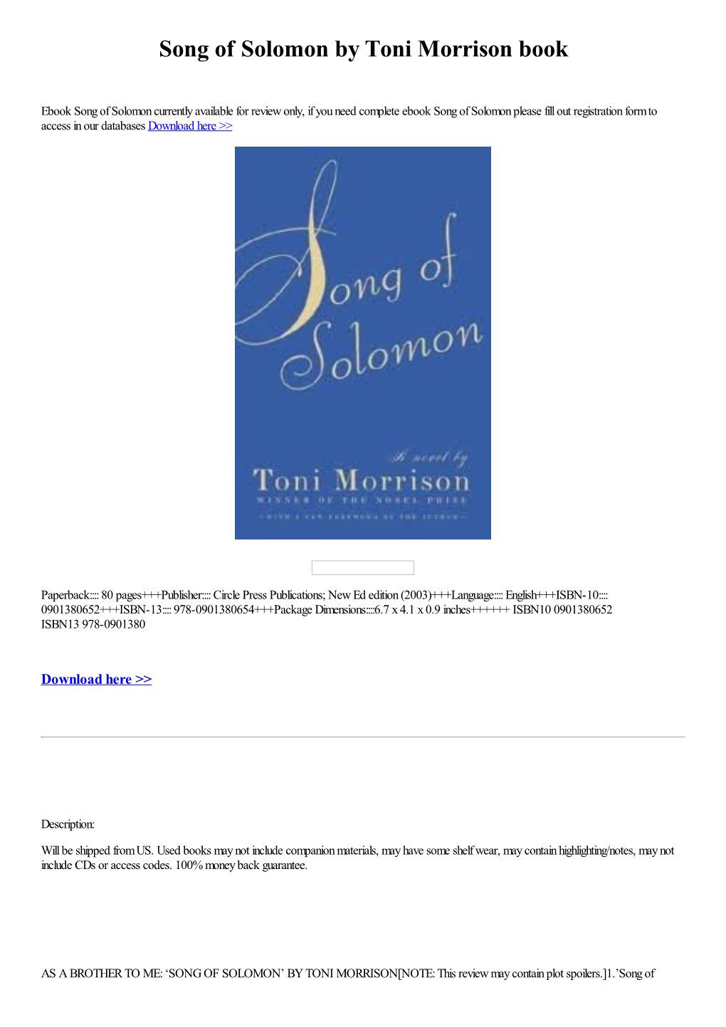 Download Song of Solomon by Toni Morrison