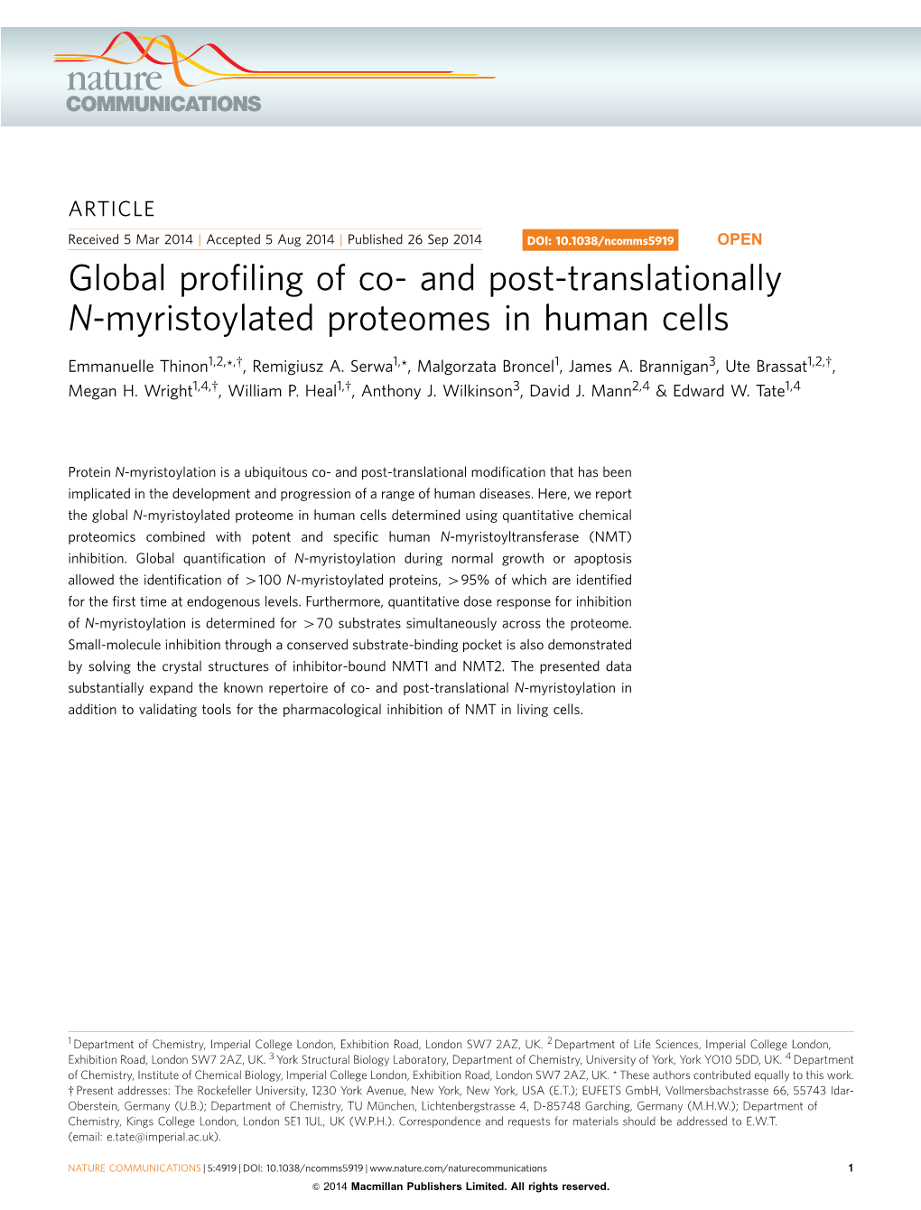 And Post-Translationally N-Myristoylated Proteomes in Human Cells