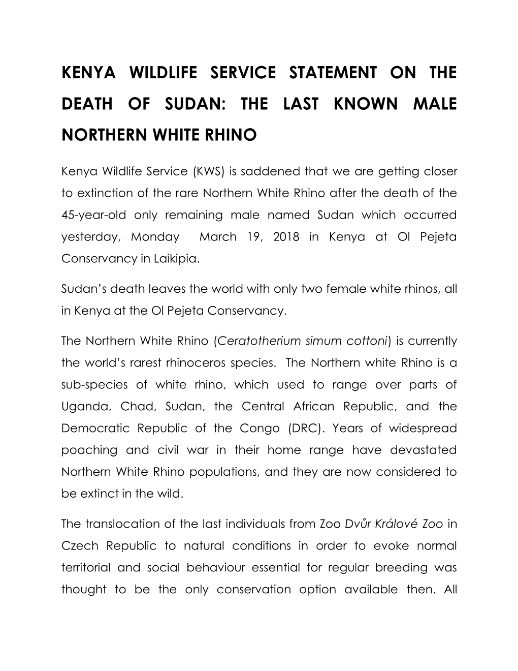 Kenya Wildlife Service Statement on the Death of Sudan: the Last Known Male Northern White Rhino