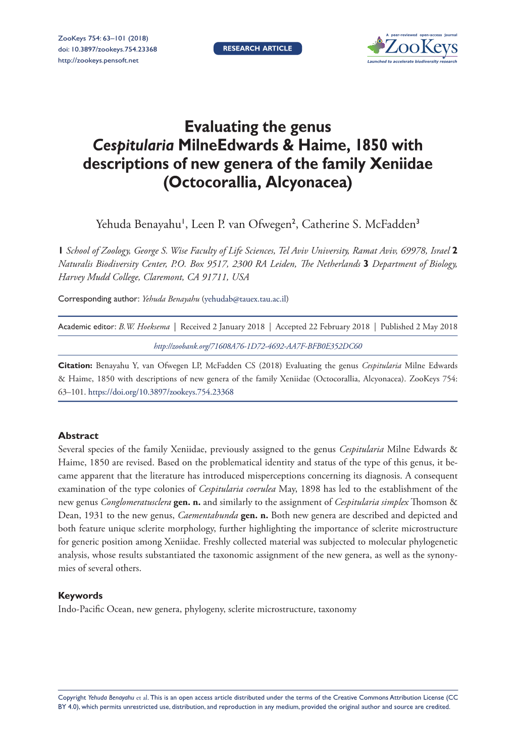 Evaluating the Genus Cespitularia Milneedwards & Haime, 1850 with Descriptions of New Genera of the Family Xeniidae (Octocorallia, Alcyonacea)