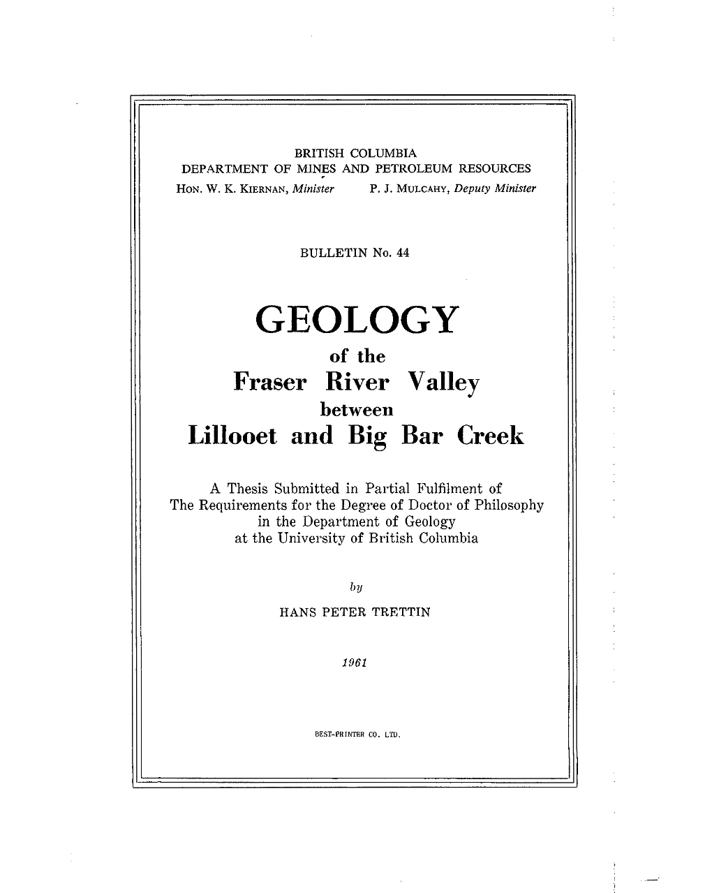 GEOLOGY Ill of the Fraserriver Valley Between Lillooet Andbig Bar Creek