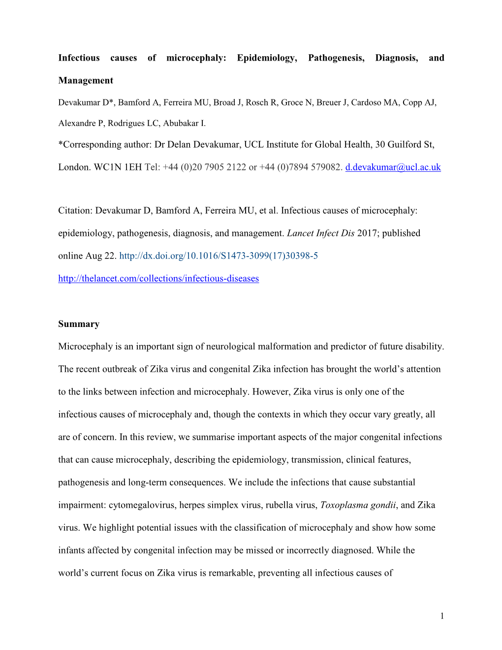 Infectious Causes of Microcephaly: Epidemiology, Pathogenesis, Diagnosis, And