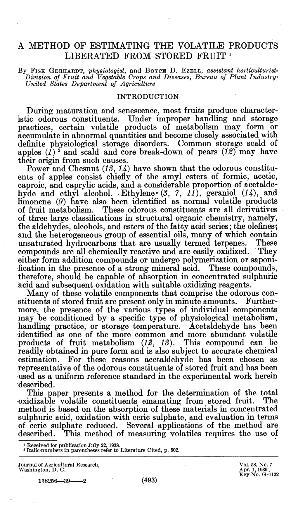 A Method of Estimating the Volatile Products Liberated from Stored Fruit '