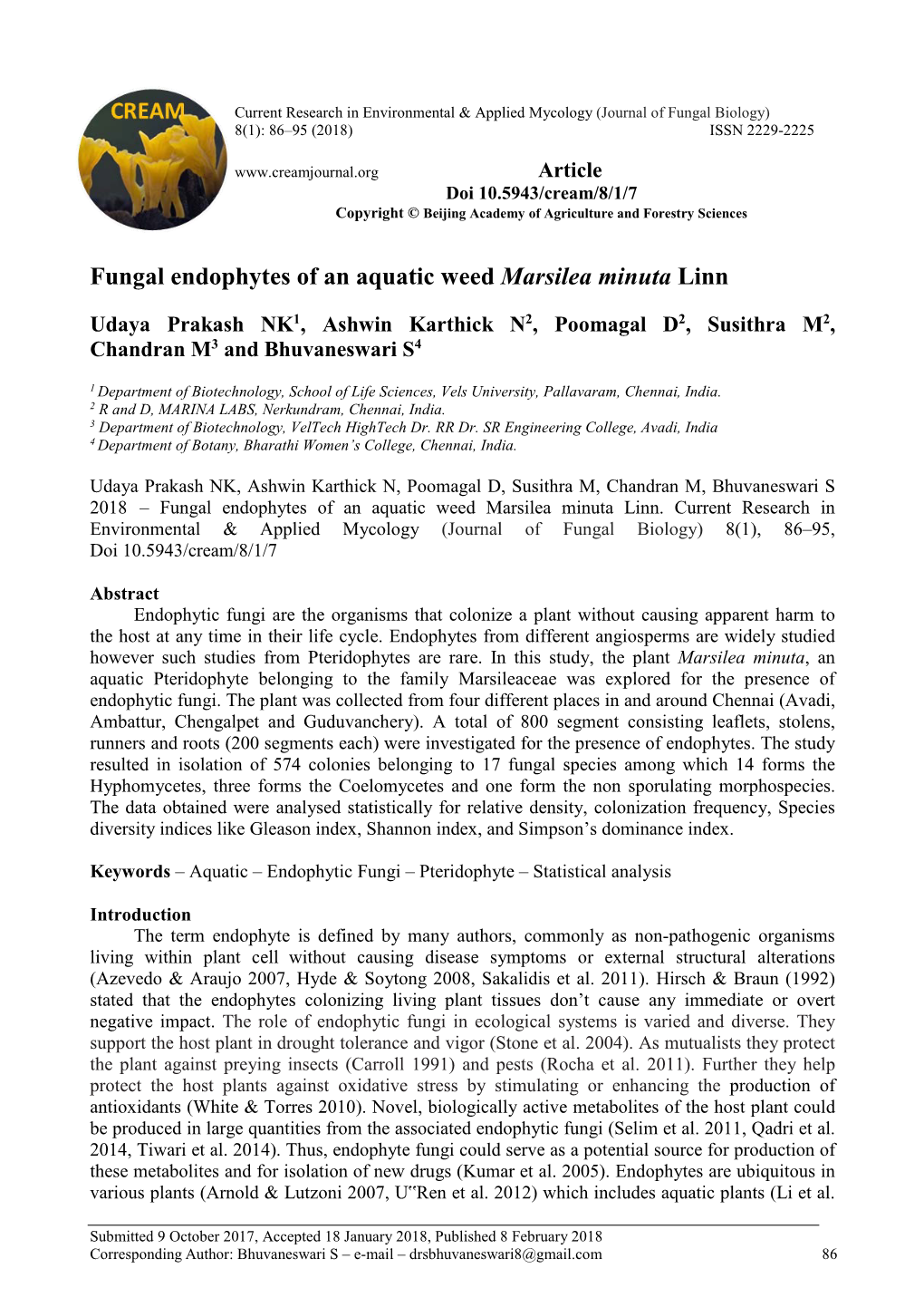 Fungal Endophytes of an Aquatic Weed Marsilea Minuta Linn