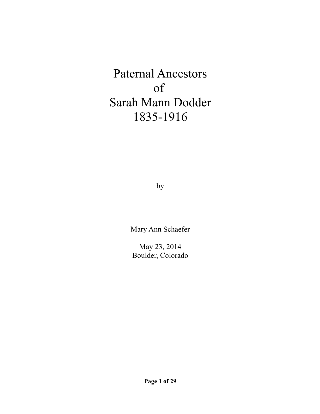 Paternal Ancestors of Sarah Mann Dodder 1835-1916