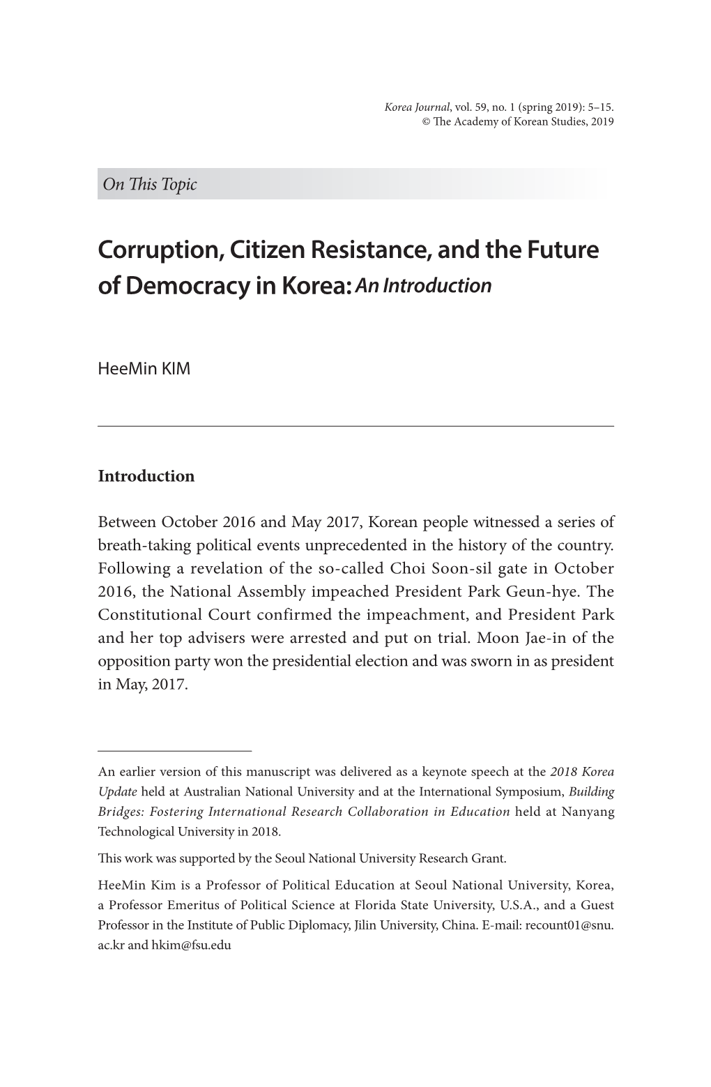 Corruption, Citizen Resistance, and the Future of Democracy in Korea: an Introduction