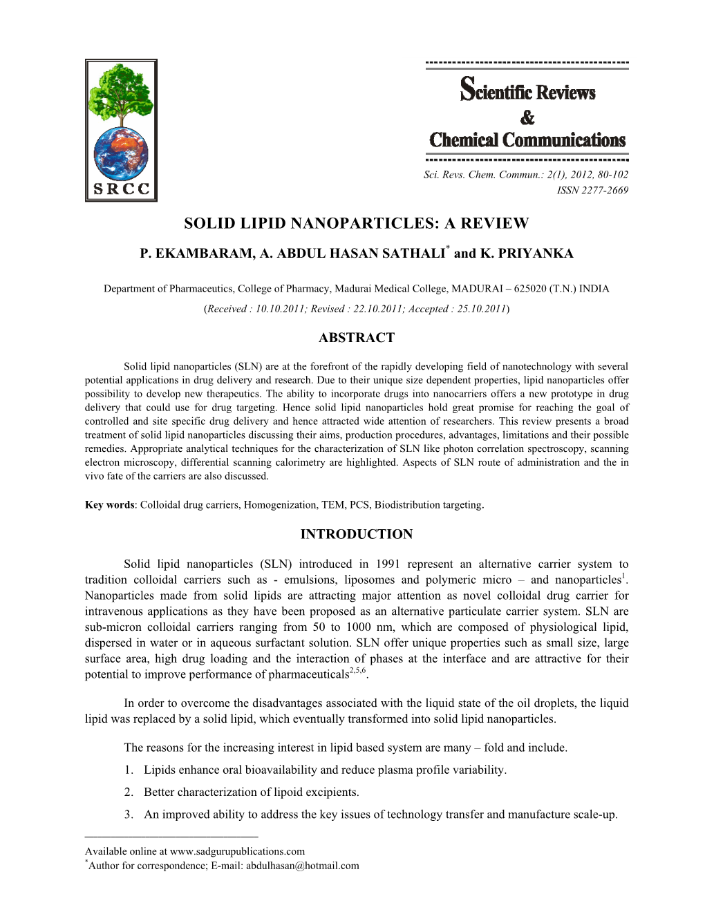 Solid Lipid Nanoparticles: a Review