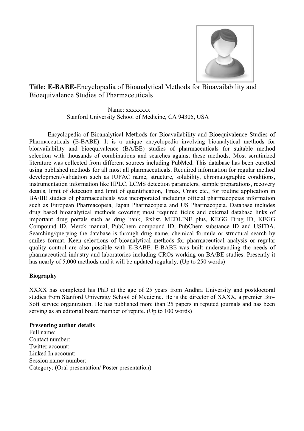 Title: E-BABE-Encyclopedia of Bioanalytical Methods for Bioavailability and Bioequivalence s2