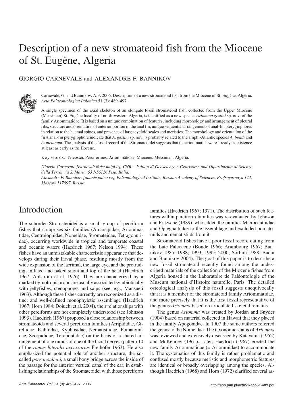 Description of a New Stromateoid Fish from the Miocene of St. Eugčne