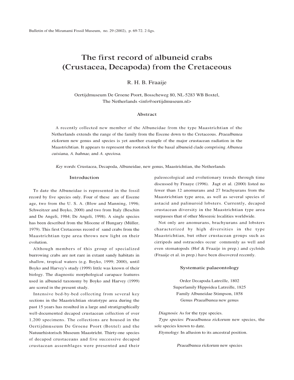 The First Record of Albuneid Crabs (Crustacea, Decapoda) from the Cretaceous