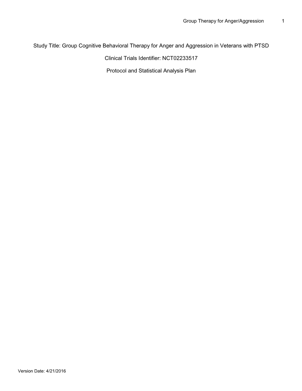 Study Title: Group Cognitive Behavioral Therapy for Anger and Aggression in Veterans with PTSD