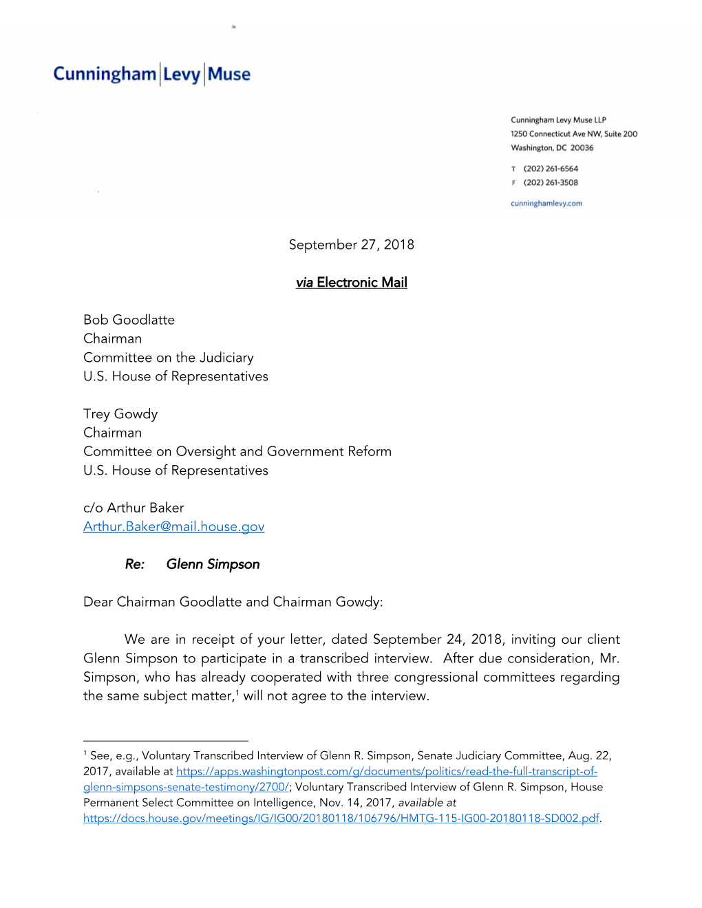 Letter to Chairmen Goodlatte and Gowdy September 27, 2018 Page 1 of 6 September 27, 2018 Bob Goodlatte Chairman Committee On