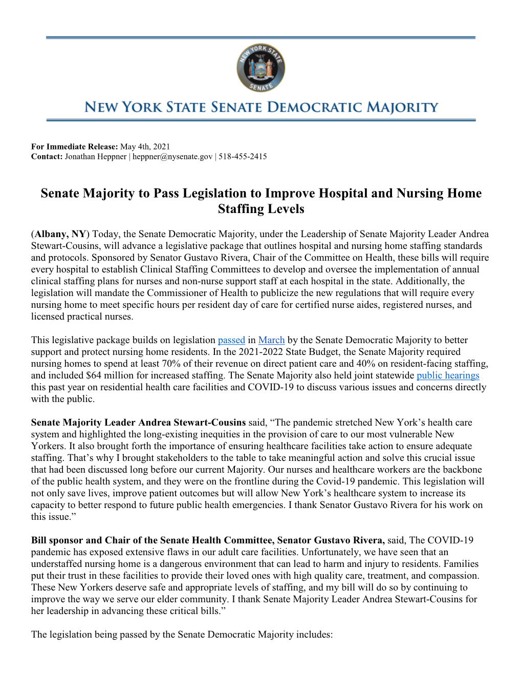 Senate Majority to Pass Legislation to Improve Hospital and Nursing Home Staffing Levels