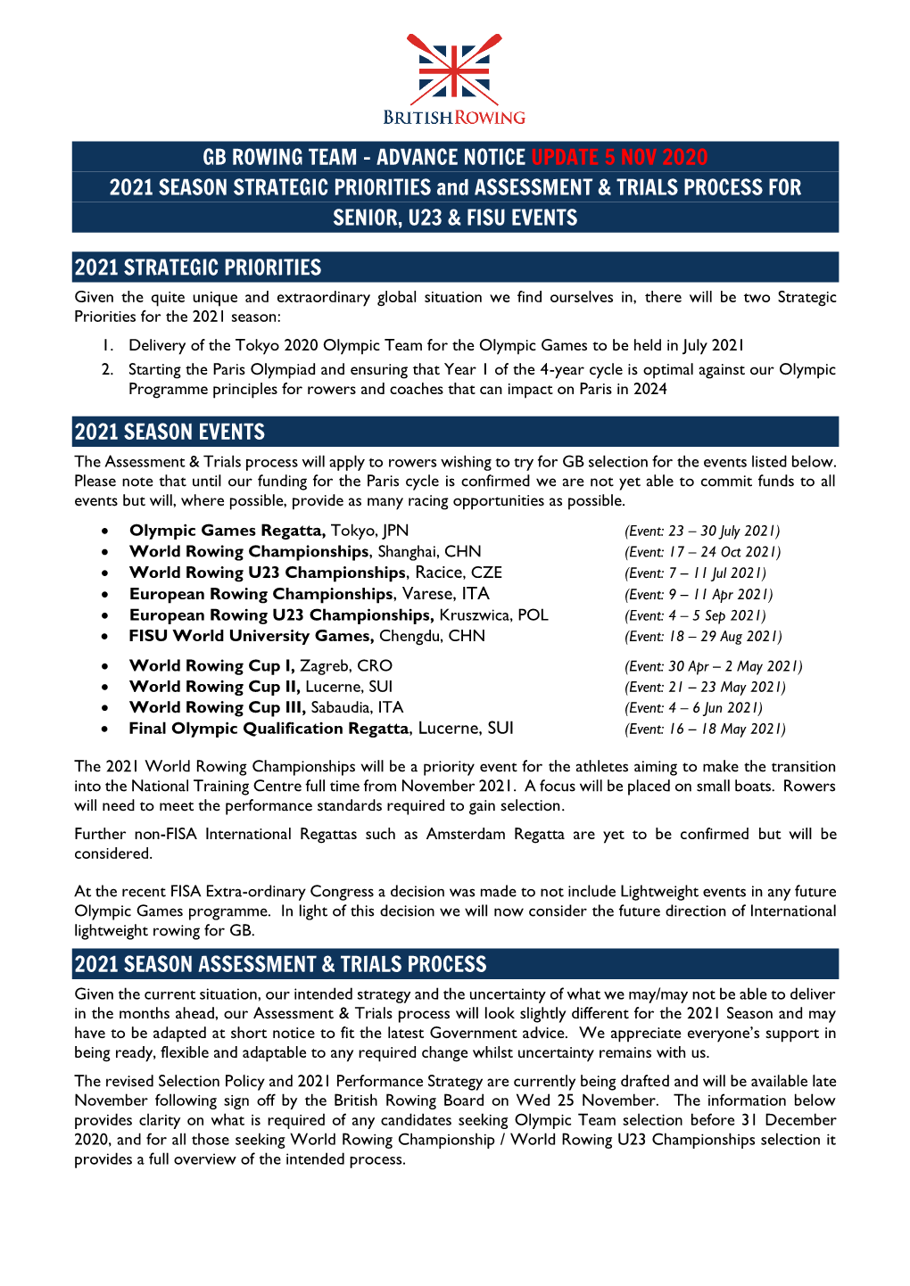 GB ROWING TEAM - ADVANCE NOTICE UPDATE 5 NOV 2020 2021 SEASON STRATEGIC PRIORITIES and ASSESSMENT & TRIALS PROCESS for SENIOR, U23 & FISU EVENTS