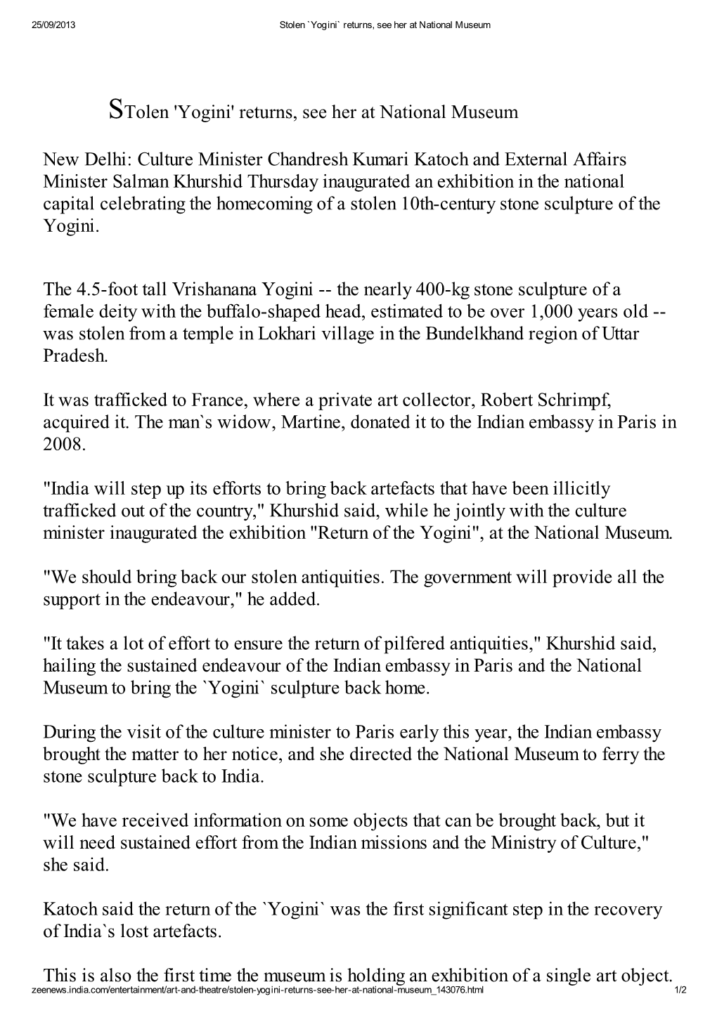 Stolen 'Yogini' Returns, See Her at National Museum New Delhi: Culture Minister Chandresh Kumari Katoch and External Affairs