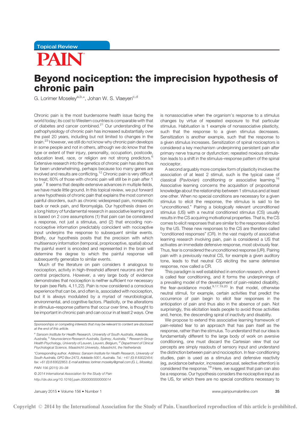 Beyond Nociception: the Imprecision Hypothesis of Chronic Pain G