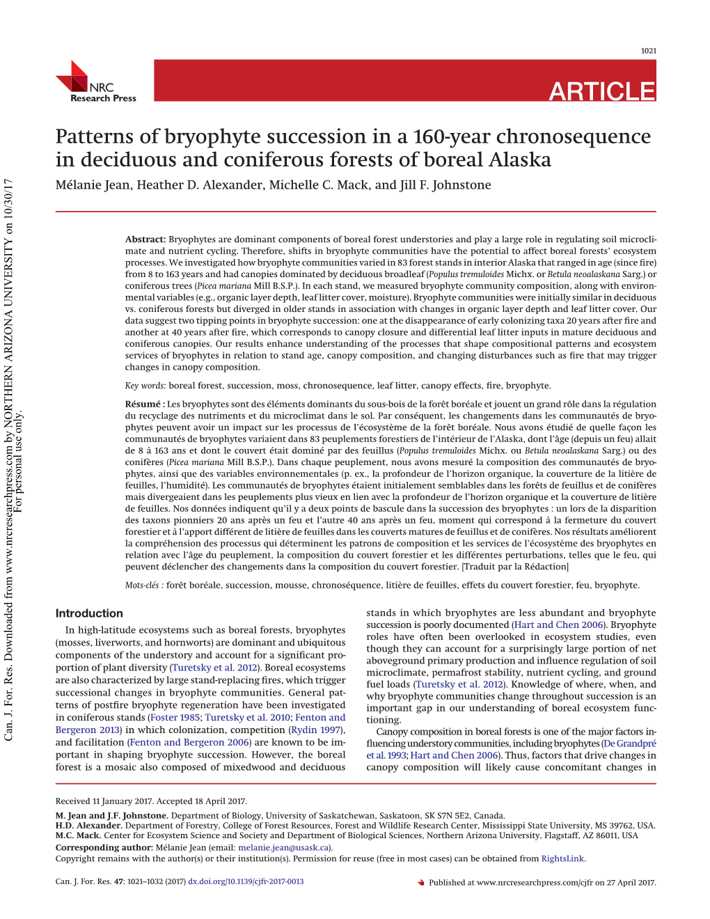 Patterns of Bryophyte Succession in a 160-Year Chronosequence in Deciduous and Coniferous Forests of Boreal Alaska Mélanie Jean, Heather D