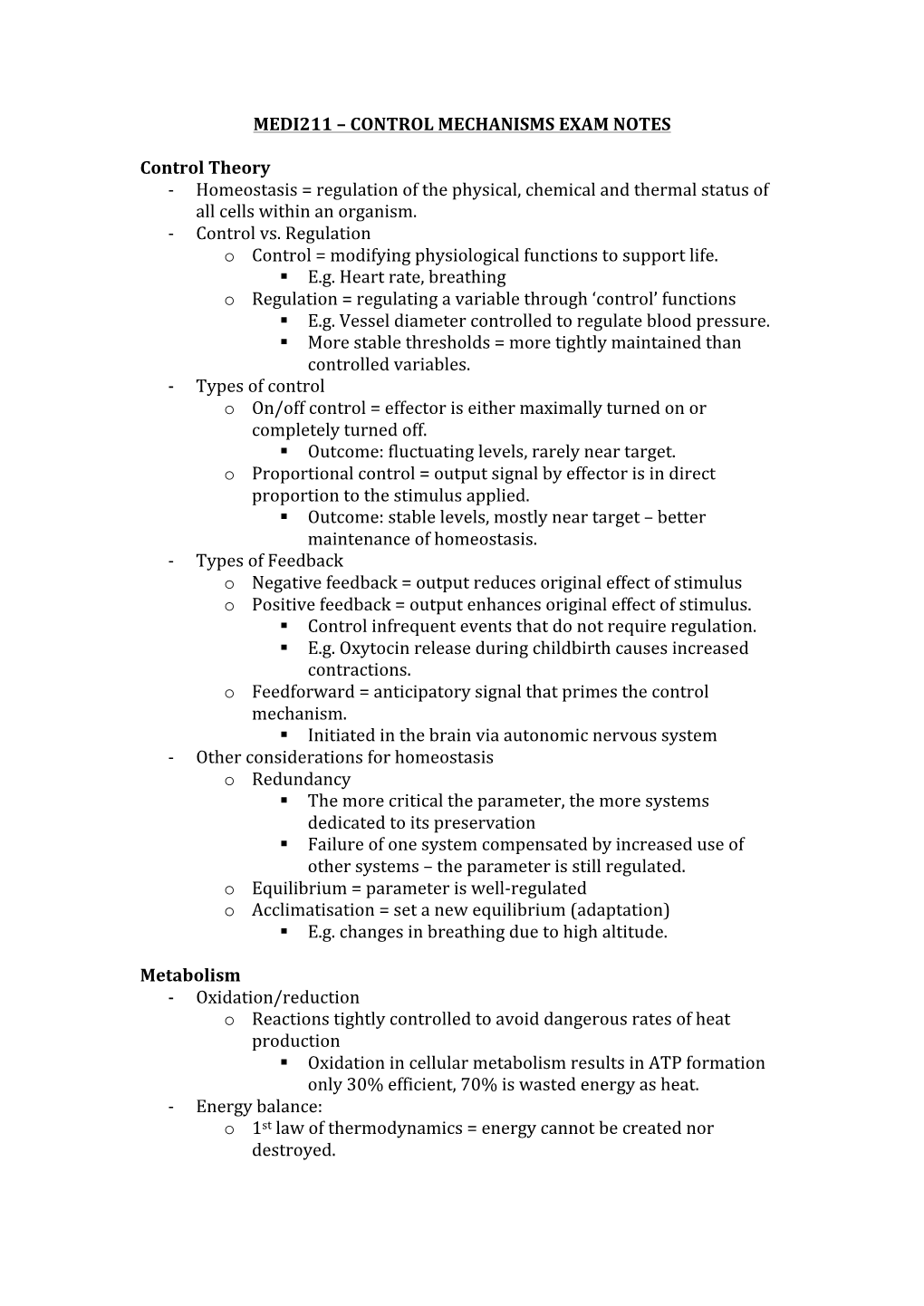 Medi211 – Control Mechanisms Exam Notes