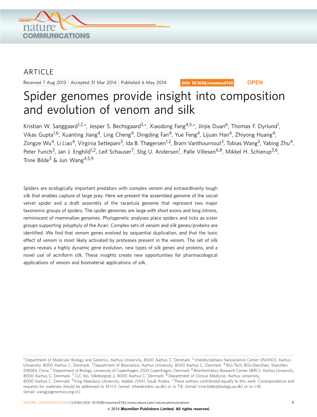 Spider Genomes Provide Insight Into Composition and Evolution of Venom and Silk