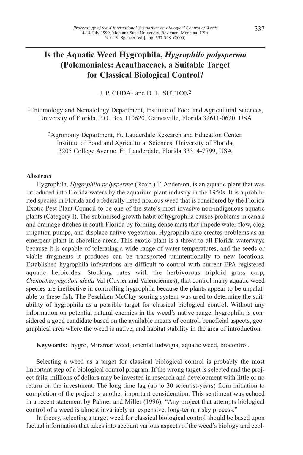 Is the Aquatic Weed Hygrophila, Hygrophila Polysperma (Polemoniales: Acanthaceae), a Suitable Target for Classical Biological Control?