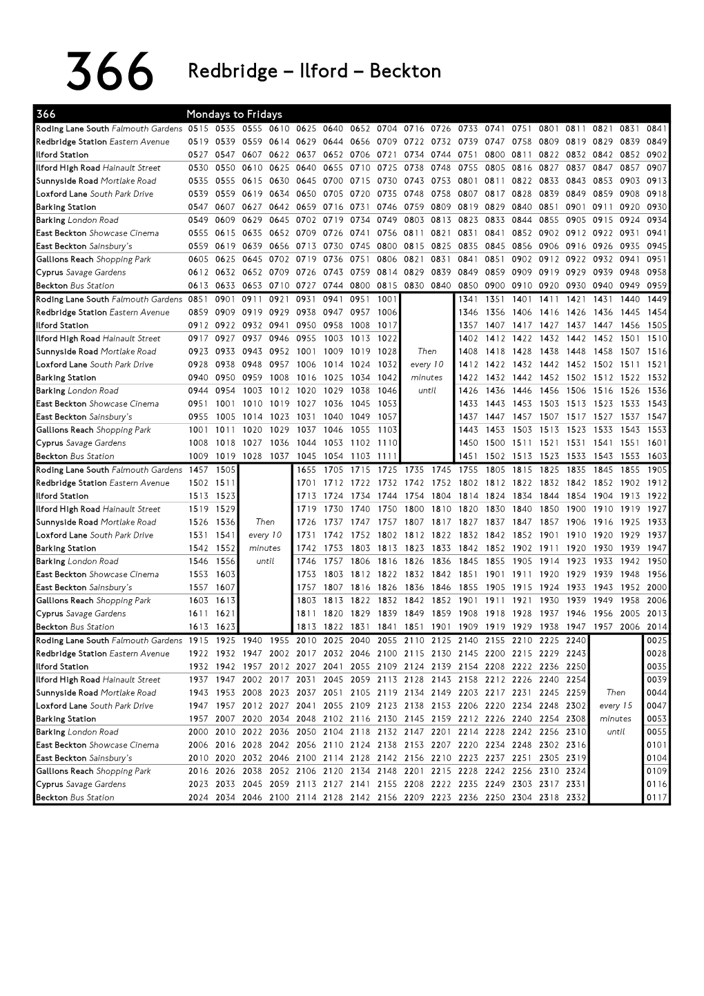 366 Redbridge – Ilford – Beckton