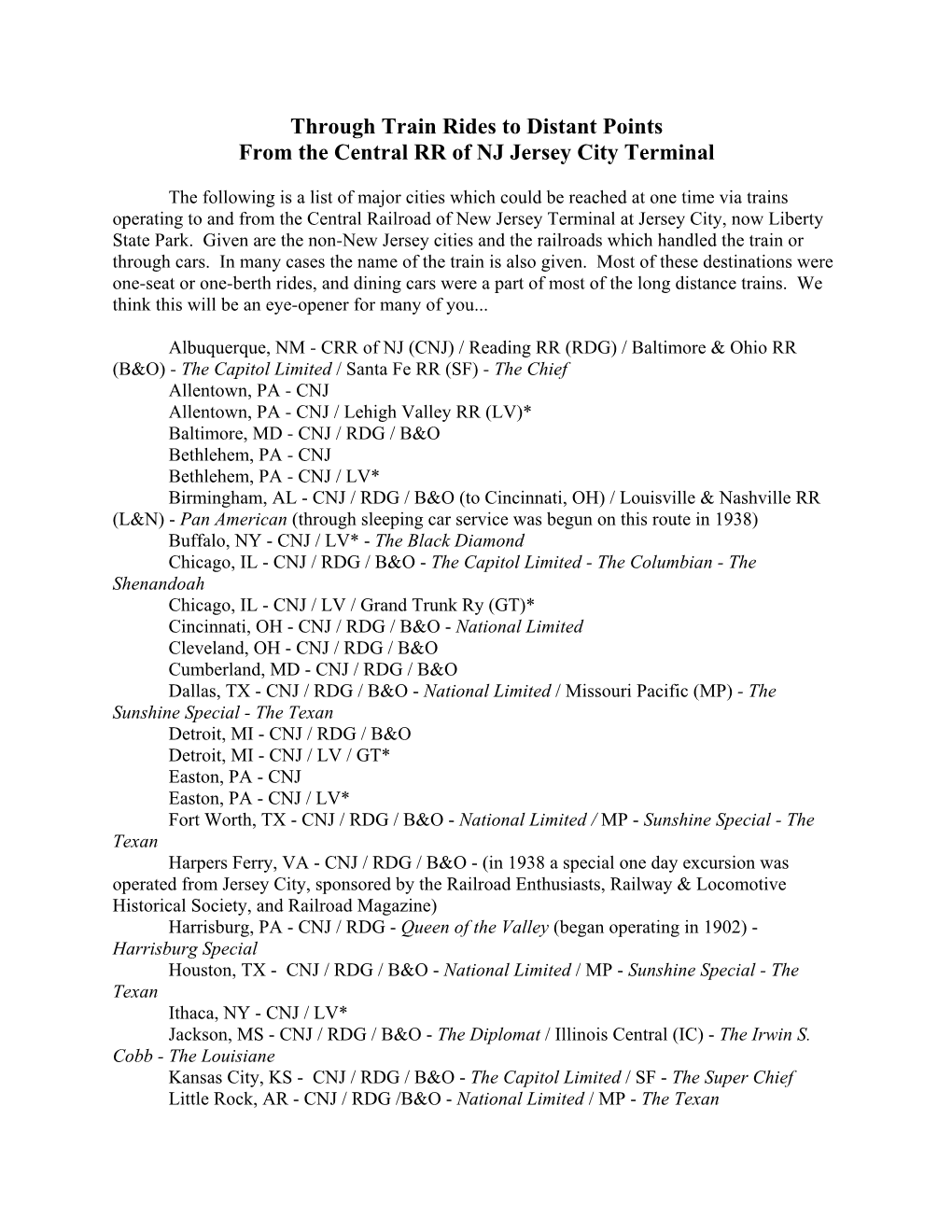 Through Train Rides to Distant Points from the Central RR of NJ Jersey City Terminal