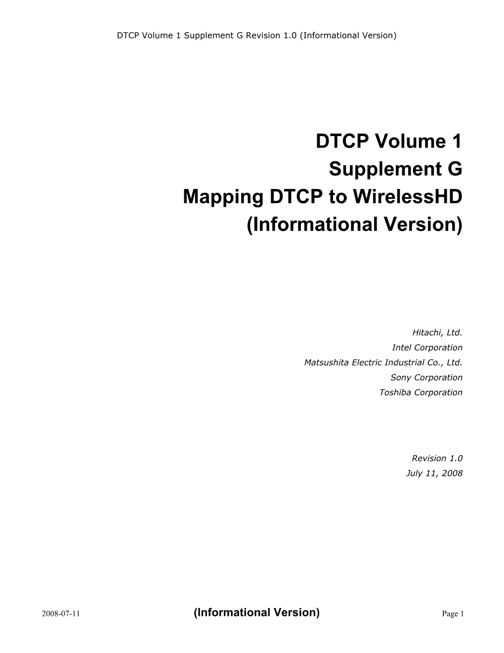 DTCP Volume 1 Supplement G Mapping DTCP to Wirelesshd (Informational Version)