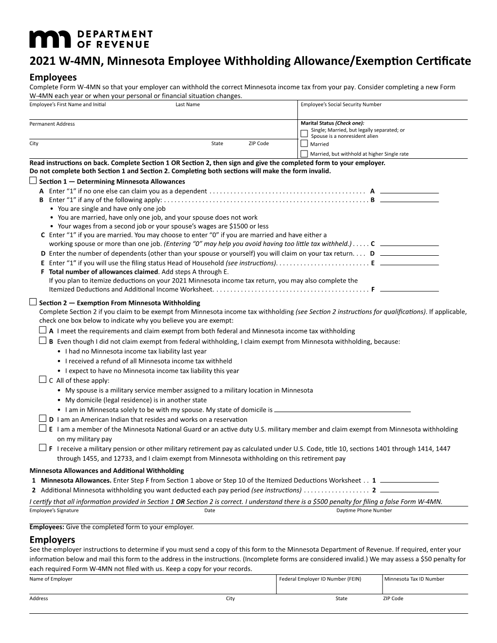 Form W-4MN, Minnesota Employee Withholding Allowance/Exemption