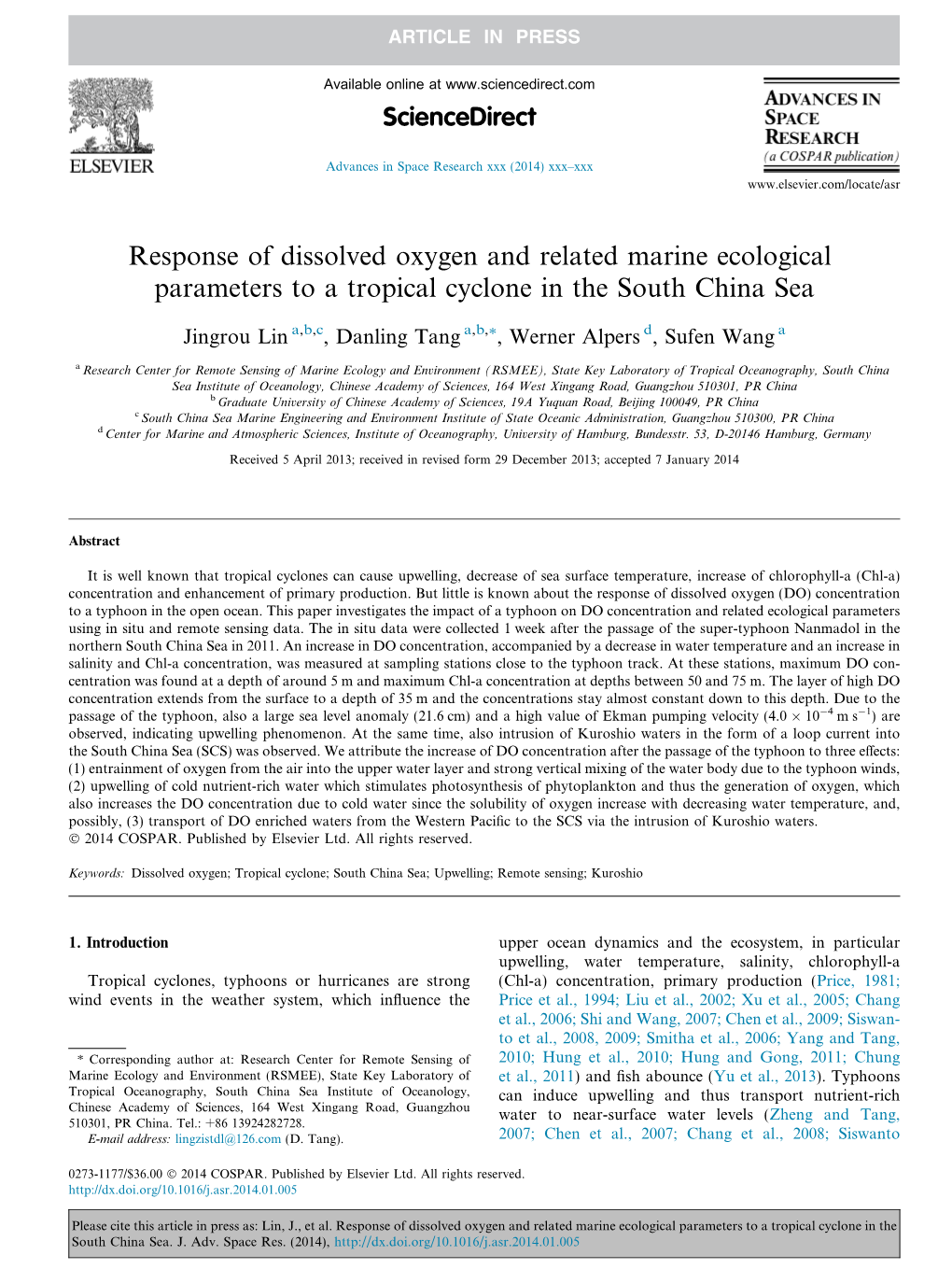 Response of Dissolved Oxygen and Related Marine Ecological Parameters to a Tropical Cyclone in the South China Sea