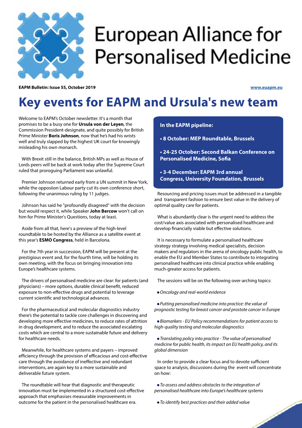 EAPM Bulletin: Issue 55, October 2019 Key Events for EAPM and Ursula's New Team