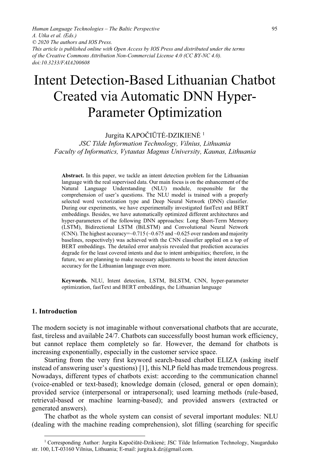 Intent Detection-Based Lithuanian Chatbot Created Via Automatic DNN Hyper- Parameter Optimization