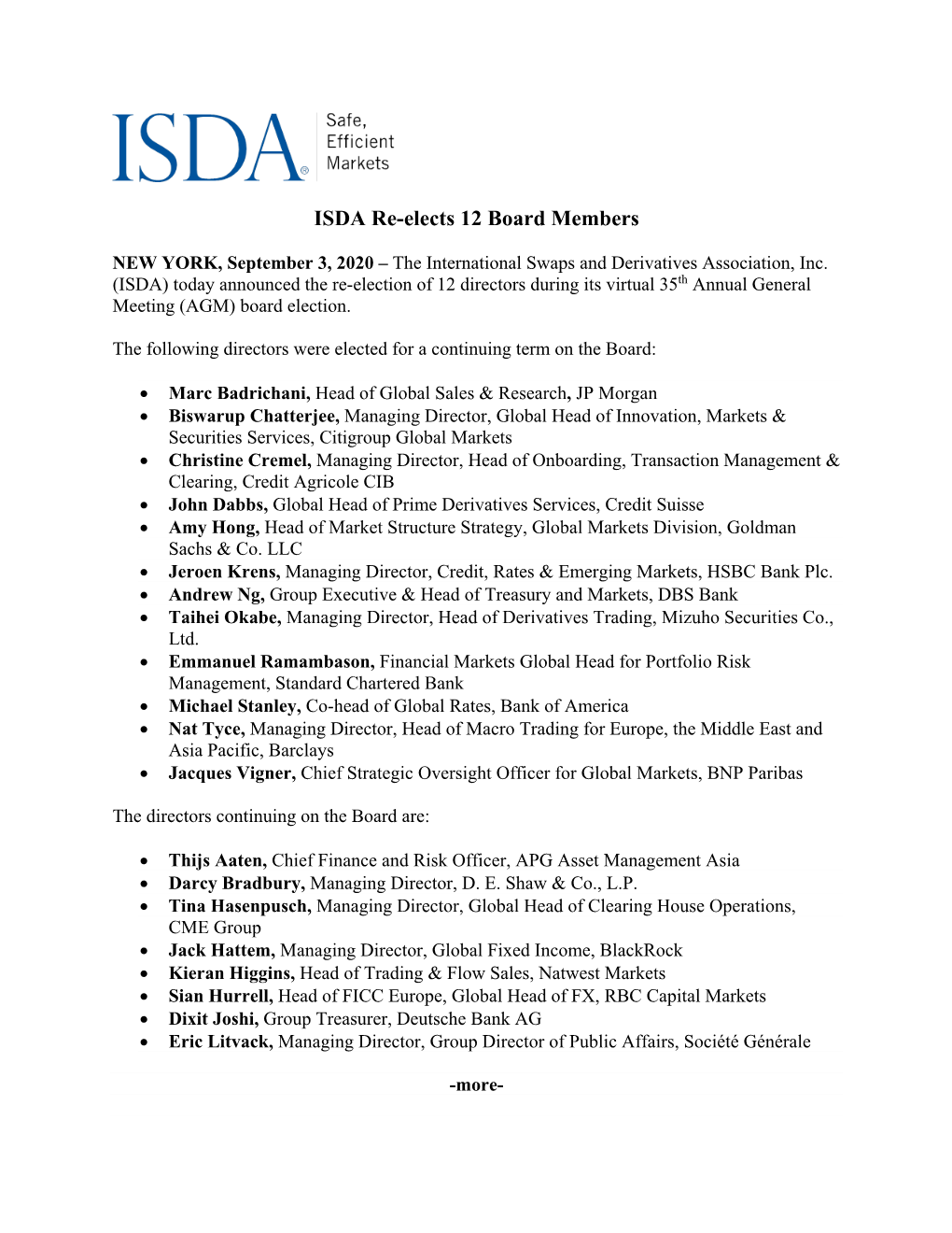 ISDA Re-Elects 12 Board Members