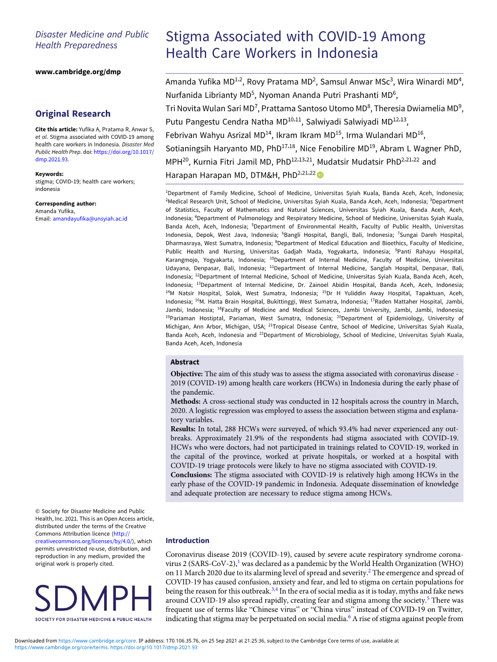 Stigma Associated with COVID-19 Among Health Care Workers in Indonesia