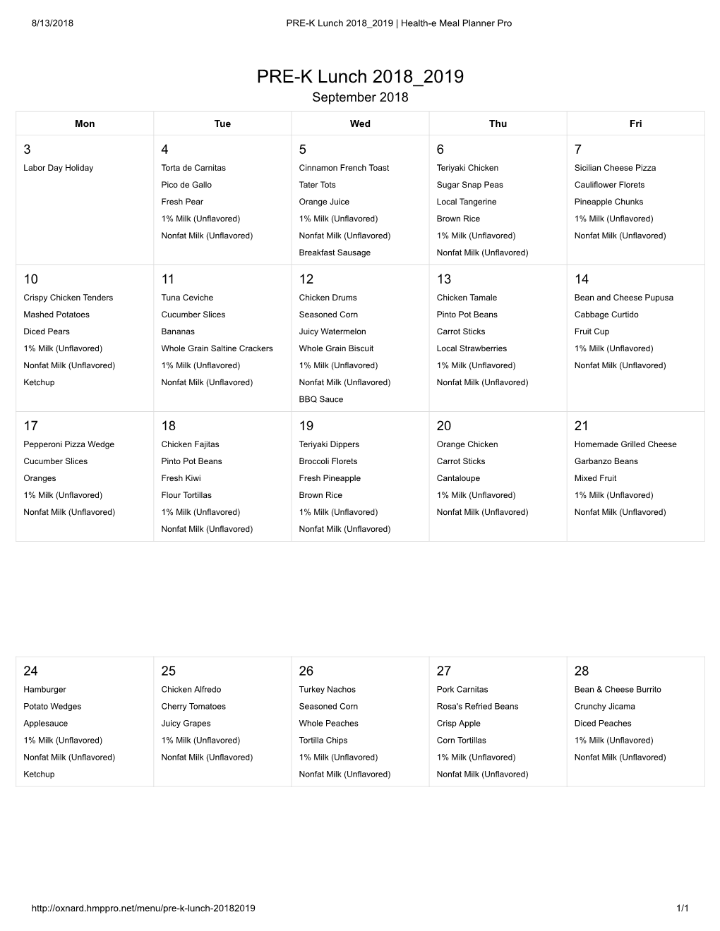 PRE-K Lunch 2018 2019 | Health-E Meal Planner Pro