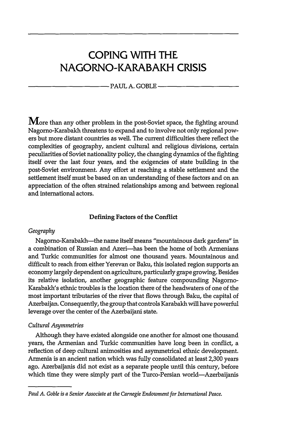 Coping with the Nagorno-Karabakh Crisis